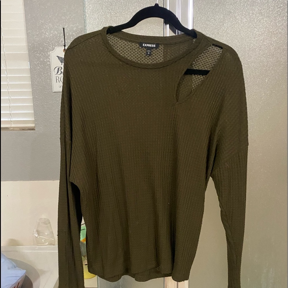 Army green, long sleeve tunic with cut out shoulder.